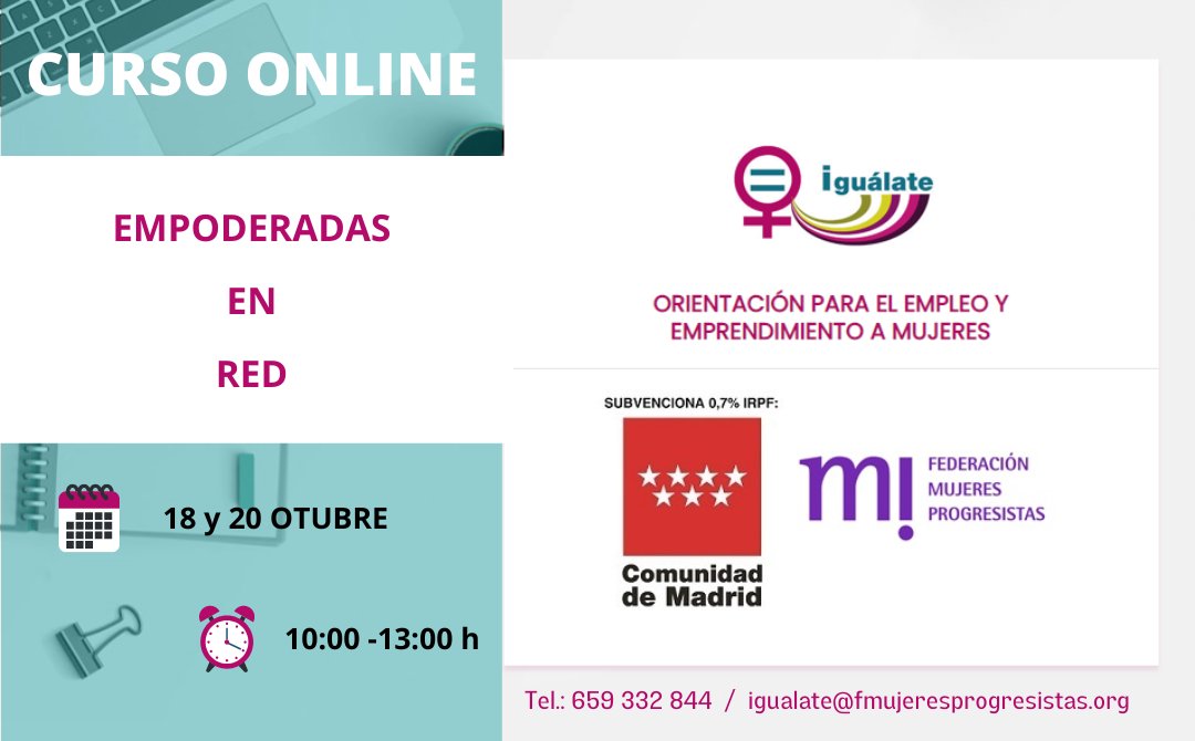 fmprogresistas's tweet photo. 📌Curso online #EmpoderadasEnRed para familias #monoparentales y en situación de dificultad social de la Comunidad de Madrid. #Iguálate #EmpleaTuTiempo.
Imparte Elena Mart, experta en Formación&Social Media.
🗓️18 y 20 octubre
⌚️10 a 13h.
🔗Inscripciones: https://t.co/9YBvLeqS2Y https://t.co/04uV7npktZ