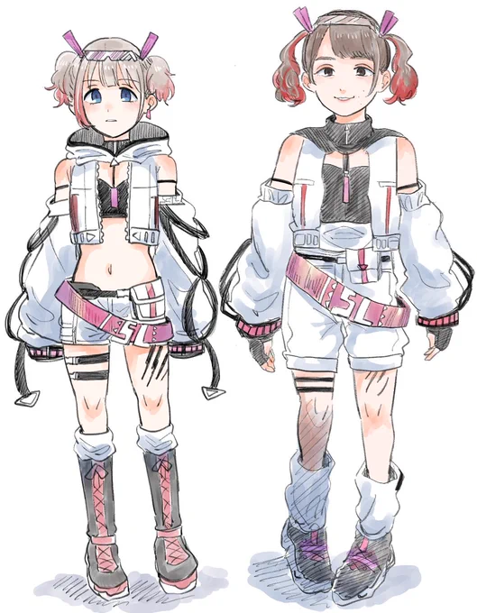 田中有紀さんと芹沢あさひさんのデッドチャンネルl2<)3衣装の覚え書きこうやって見るとうまいこと現実のライブ衣装に落とし込んでるんだな〜〜……と思いますね #シャニマス 