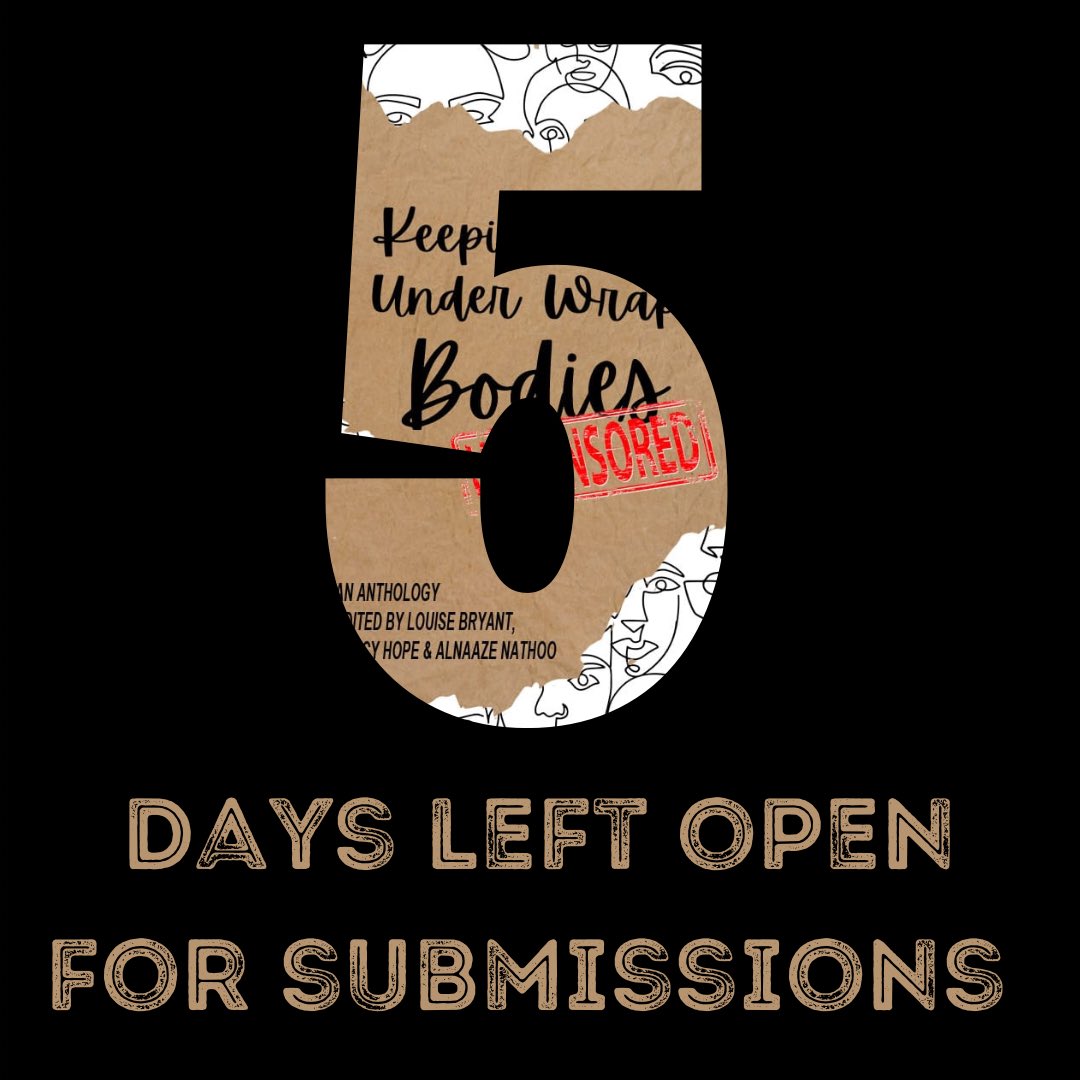 Just 5 days left! 
Is your submission in yet?

We are looking for personal essays on the theme of Bodies.
For more information/submission guidelines head to our website: keepingitunderwraps.com

To submit your personal essay:
duotrope.com/duosuma/submit…

#WritingCommunity #OpenSubs