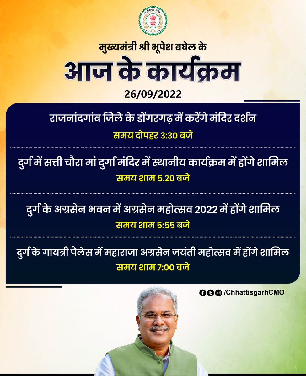 मुख्यमंत्री श्री <a href="/bhupeshbaghel/">Bhupesh Baghel</a> जी के आज के कार्यक्रम