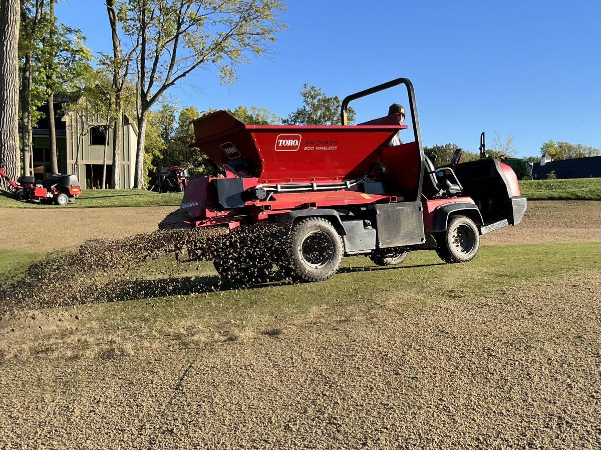 HFTurf's tweet image. Gorgeous ☀️, crisp Fall day for the start of aerification! Mya, of course, is doing a great job of supervising. Course will re-open Friday!