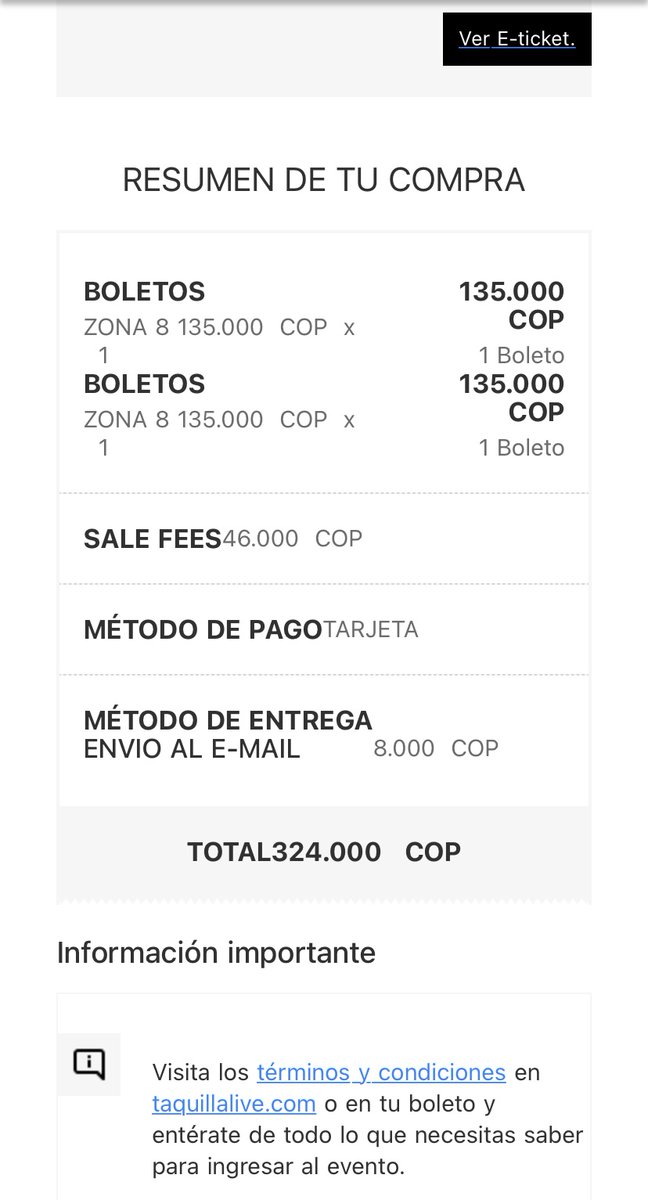 luchowebdev's tweet photo. @taquillalive Buenas. Por tema laboral no podré asistir al concierto en Bogota el 8 de octubre. Vendo al precio normal que se ve en la imagen. https://t.co/9QvRquHnep