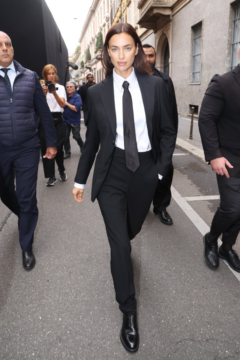 InStyle's tweet photo. Irina Shayk on her suit and tie sh*t at Giorgio Armani #MFW. https://t.co/C2M1xnHB9N