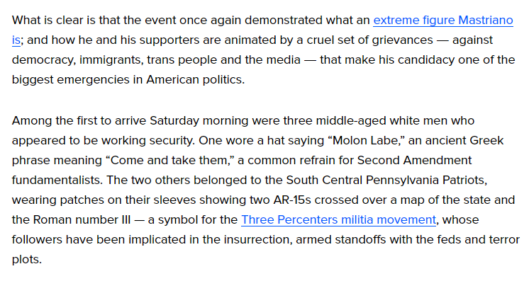 Two South Central Pennsylvania Patriots members appeared to be working security for Doug Mastriano and wore patches "showing two AR-15s crossed over a map of the state and the Roman number III — a symbol for the Three Percenters militia movement." huffpost.com/entry/doug-mas…