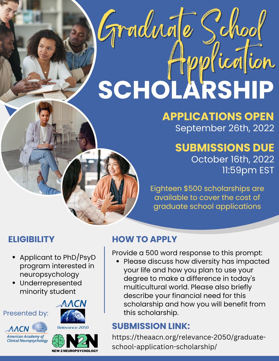 💰 Scholarship opportunity! 💰

Are you applying to Clinical Psych PhD/PsyD programs this cycle ('22-'23)? 

<a href="/TheAACN/">The AACN</a> Student Pipeline Subcommittee is awarding eighteen $500 scholarships to offset application costs!

Applications due 10/16! Apply here ⬇️
tinyurl.com/R2050App