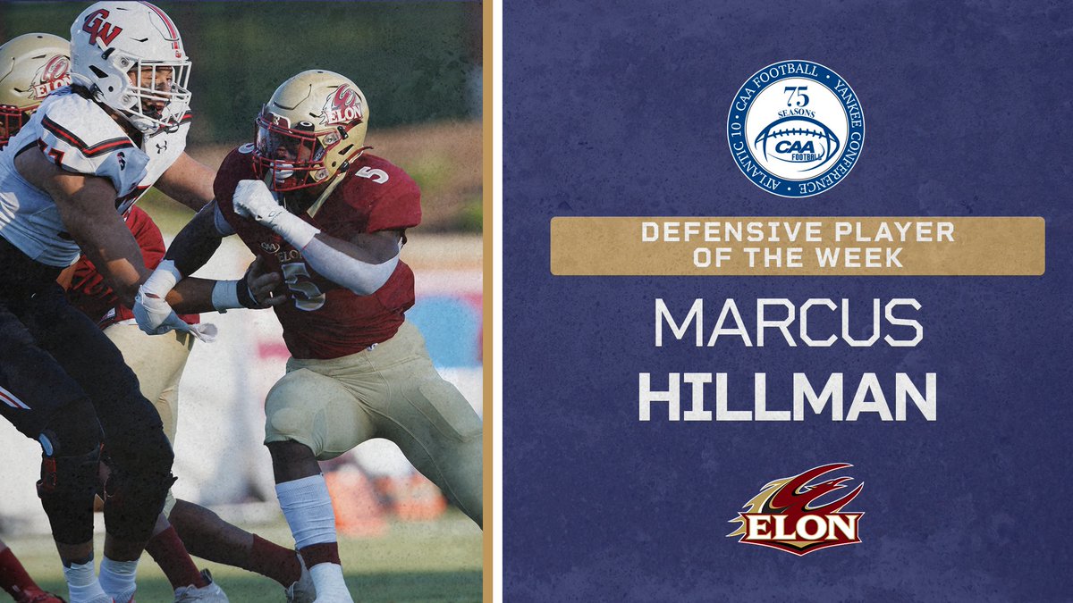 🏈 𝘿𝙚𝙛𝙚𝙣𝙨𝙞𝙫𝙚 𝙋𝙡𝙖𝙮𝙚𝙧 𝙤𝙛 𝙩𝙝𝙚 𝙒𝙚𝙚𝙠 Marcus Hillman recorded a team-high eight tackles, 2.0 tackles for loss, a forced fumble and a fumble recovery to help @ElonFootball pick up a 35-31 win at 14th-ranked William & Mary 📰 bit.ly/3r68IzR