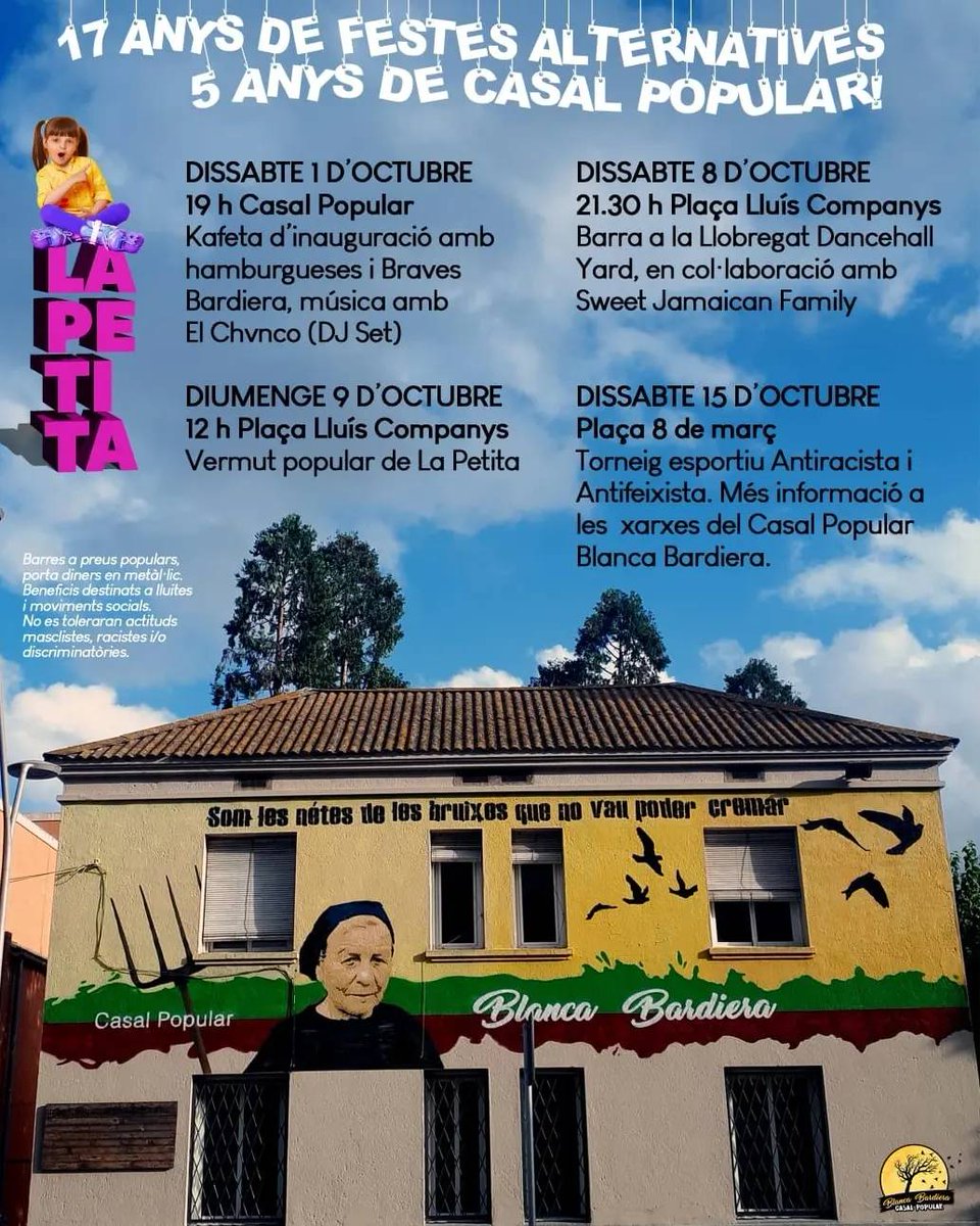 #LaPetita2022 ja és aquí!
17 anys de Petita i 5 anys de Casal Popular #BlancaBardiera 🧙🏽!
I aquest any, per  deixar clar que el 12 d'Octubre no hi ha res a celebrar, que no oblidem ni perdonem, arriben les primeres Jornades Esportives Antifeixistes i Antiracistes de La Petita! 🚩