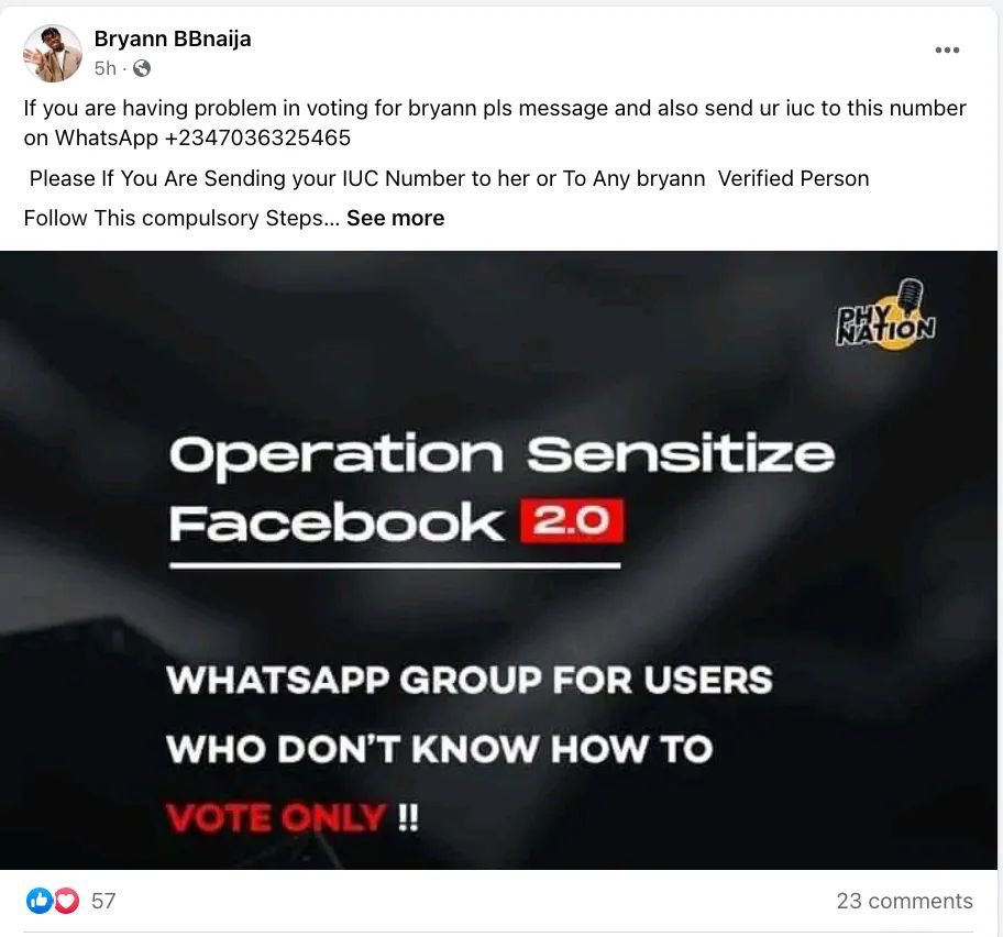 bryannonly's tweet image. VIBRYANNTS.. Do not send your IUCs or resources to anyone. If you have any materials, communicate with the official handles @bryannonly and @bryannsdaily 
Some people are using Bryann’s pic to collect IUCs. Beware !!

VOTE BRYANN TO VICTORY

#AllVotesForBryann 
#BBNaija