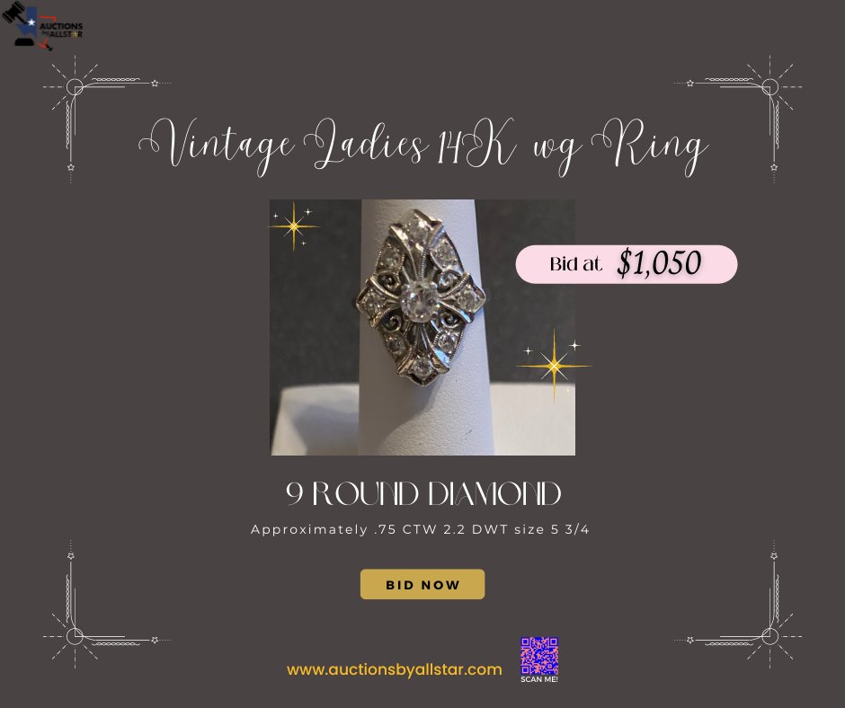 AllstarBy's tweet photo. Lot# 2502
Vintage Ladies' 14K WG Ring 😍
Nine round diamonds
Approximately .5 3/4

Register and Bid!
https://t.co/g7cNJ1qsCz

#auctionsbyallstar
#auction
#auctioneer
#onlineauction
#jewelry
#gold
#18kgold
#14kgold
#diamondring

Visit our website at https://t.co/FS1n02d9Rr. https://t.co/99vPqRhA3y