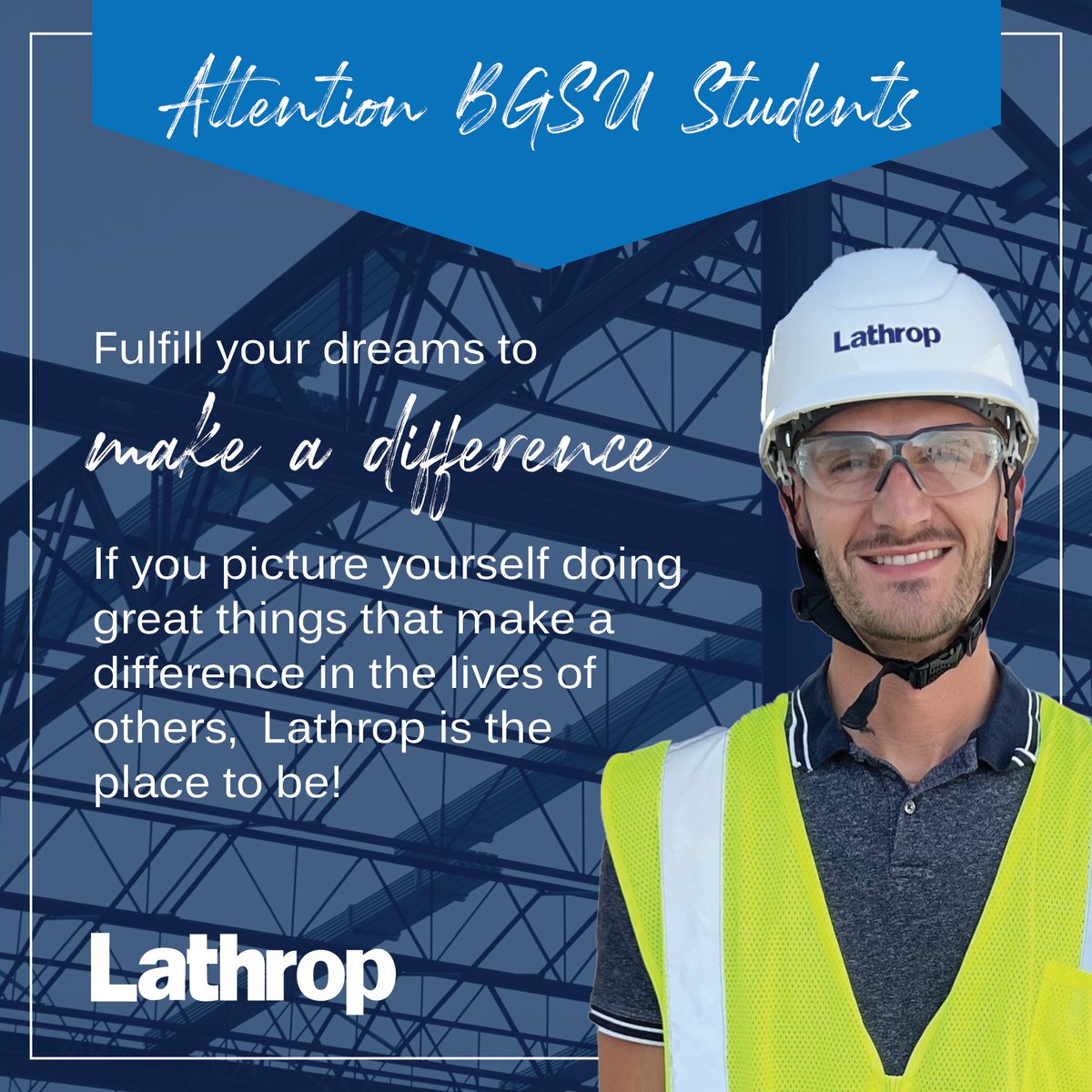 Lathrop_419's tweet photo. BGSU STUDENTS…make a difference!
  
We will be joining you on Thursday, September 29 during the Construction Management Job Fair.  Stop by to learn about the great full-time and internship opportunities at Lathrop.  Hope to see you there! 

#Lathrop419 #BuildingtheFuture 

@bgsu https://t.co/8n6OOYUEt1