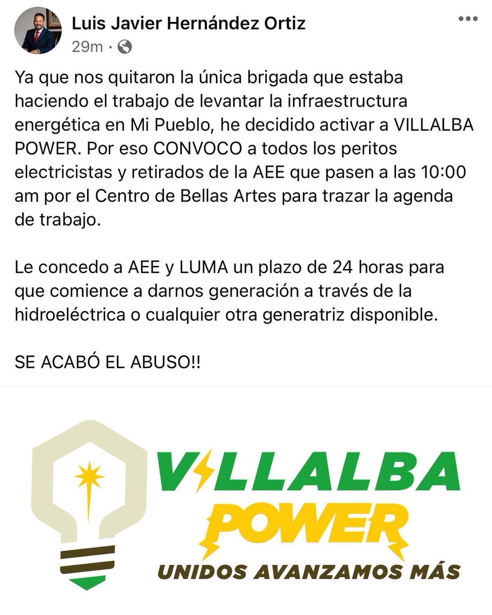 DianerysC's tweet photo. Alcalde de Villalba convoca a peritos electricistas y jubilados de la AEE luego de que le retiraran la única brigada trabajando en el municipio. https://t.co/Jw2J7MDzWi