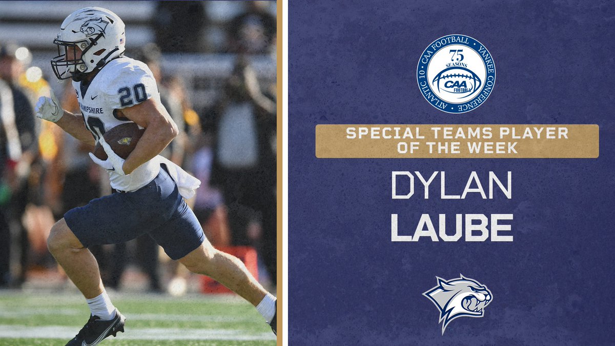 🏈 𝙎𝙥𝙚𝙘𝙞𝙖𝙡 𝙏𝙚𝙖𝙢𝙨 𝙋𝙡𝙖𝙮𝙚𝙧 𝙤𝙛 𝙩𝙝𝙚 𝙒𝙚𝙚𝙠 Dylan Laube tied a school record with a 92-yard punt return for a touchdown in @UNH_Football's 37-14 victory at Towson 📰 bit.ly/3r68IzR