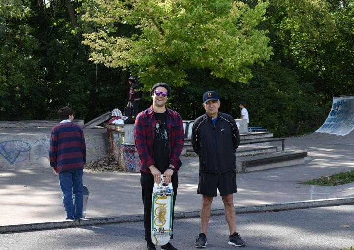 Eastwood Neighborhood Association Skate Park Committee co-chair Justin Keskin with Assemblyman William Magnarelli on Saturday at the Beastwood skate exhibition! Magnarelli secured state funds to install new bleachers this summer at the skate park.