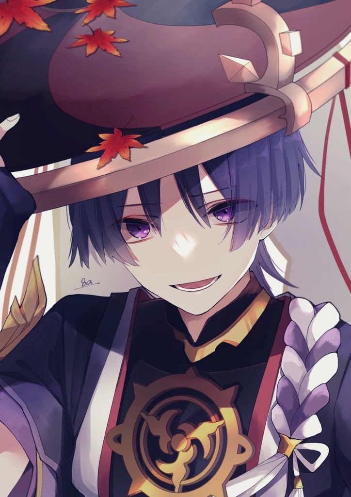 scaramouche (genshin impact) 1boy male focus hat solo purple eyes jingasa leaf  illustration images