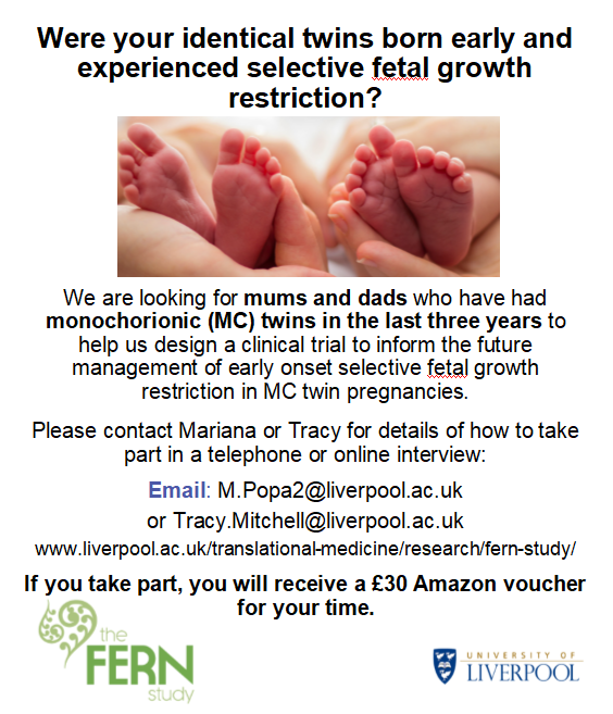 Mariana <a href="/MScherbatsky11/">Mariana (Mimi) Popa</a> &amp; I <a href="/trakmitch/">Dr Tracy Mitchell</a> would❤️to talk to parents aged over 18 years who have experienced an MC twin pregnancy complicated by early onset (16 to 24 weeks) selective fetal growth restriction (sFGR) in the last three years. Please see image for contact details.