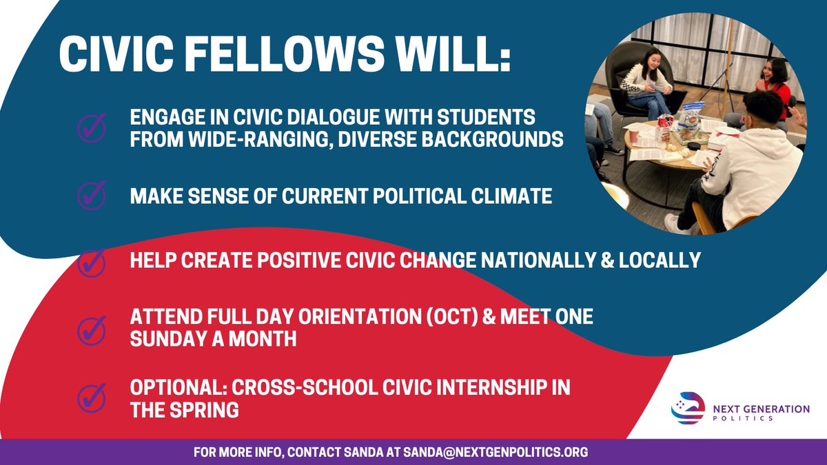 High school students: There's still time to join us this year! 

Apply now to be a Next Gen Civic Fellow (it only takes a few minutes!) at tinyurl.com/NGPAPP #GenZCivics #YouthVote