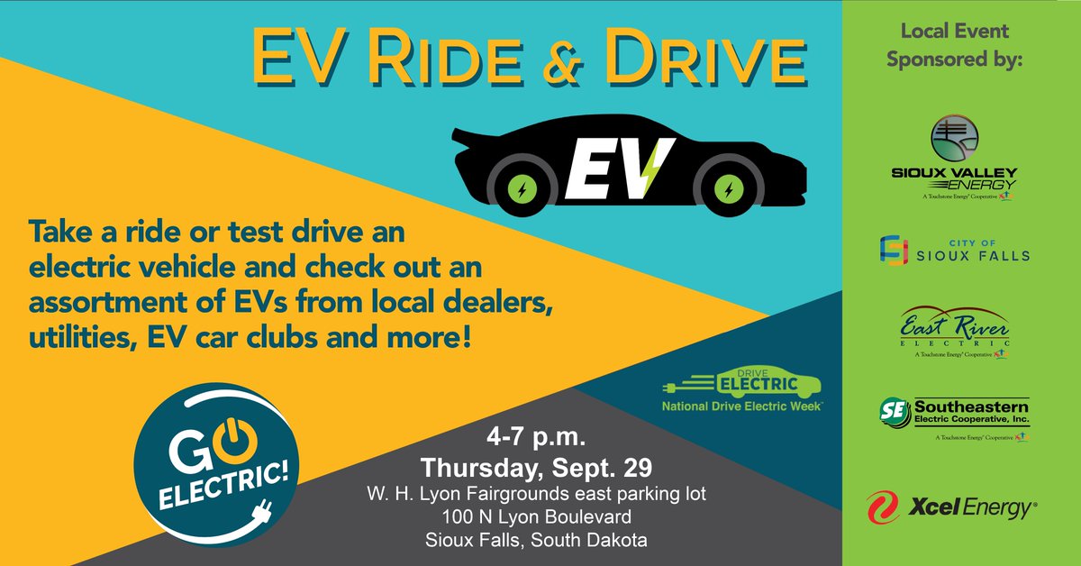 siouxvalley's tweet photo. The Sioux Falls area EV Ride &amp; Drive event is Thursday, Sept. 29 at the W.H. Lyon Fairgrounds from 4-7 pm. Test drive an EV, check out some privately owned EVs &amp; look at new and emerging electric technologies including e-bikes, lawn equipment, golf carts, &amp; a LiveWire motorcycle. https://t.co/rVeCZ03dEH