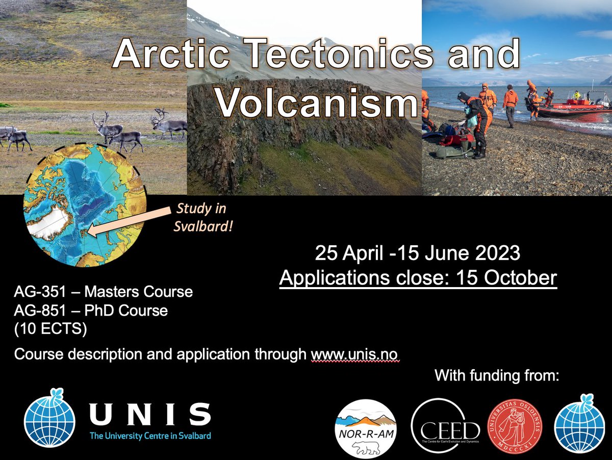 Calling Masters and PhD students - come to Svalbard in spring 2023 to learn about Arctic Tectonics and Volcanism. Applications for @UNISvalbard AG-351 and AG-851 now open.