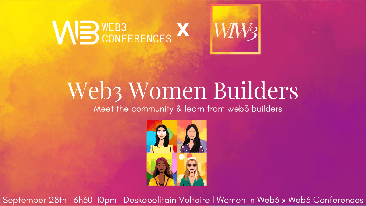 Only 2 days until our Web3 Women Builder conferences in Paris with <a href="/wiw3_community/">WIW3 - Women in Web3</a> ! 

Meet 4 amazing women building the web3 ecosystem and ask your questions to the panelist. 

Hosted at <a href="/deskopolitan/">Deskopolitan</a> 

There's still time to grab your tickets 👇👇
…ces-web3-women-builders.eventbrite.fr