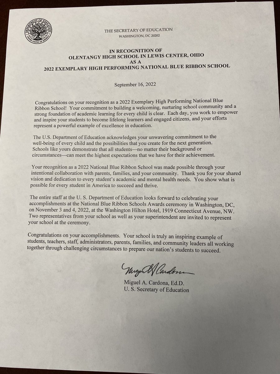 RGriff372's tweet photo. The official letter arrived today!  A big thank you to our community and school district for the support!  Congratulations to our students and staff. #BeBRAVE ⁦@NatlBlueRibbon⁩ https://t.co/rzDWFAkkSv