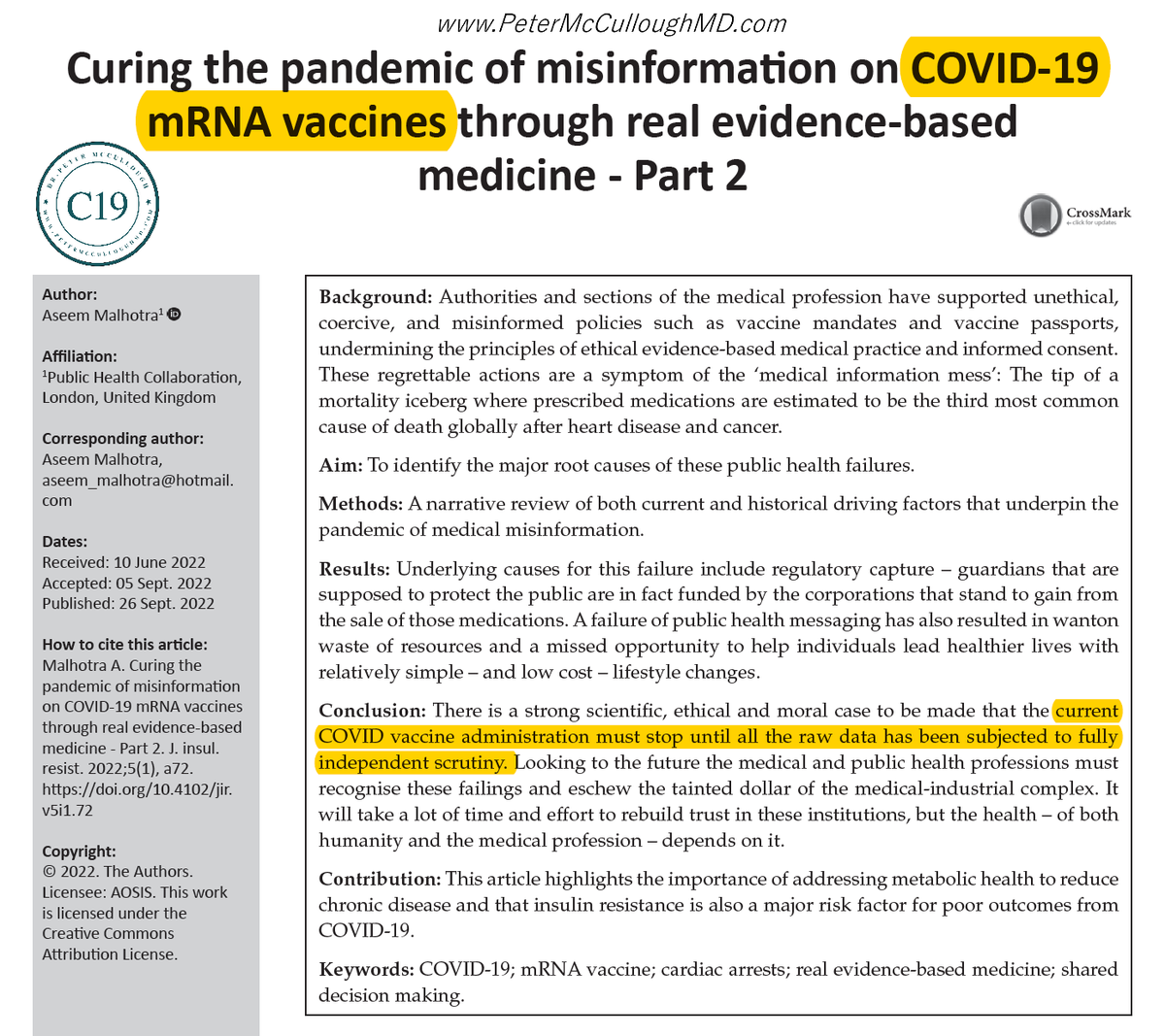 P_McCulloughMD's tweet photo. UK academic Cardiologist in 2 part peer-reviewed exhaustive analysis concludes "we must stop".  Joins Aruna, McCullough et al from 2021, Turni, Fraiman, World Council for Health 2022, and many other academic groups calling for market removal and full independent safety analyses. https://t.co/g4BMzAaNJx