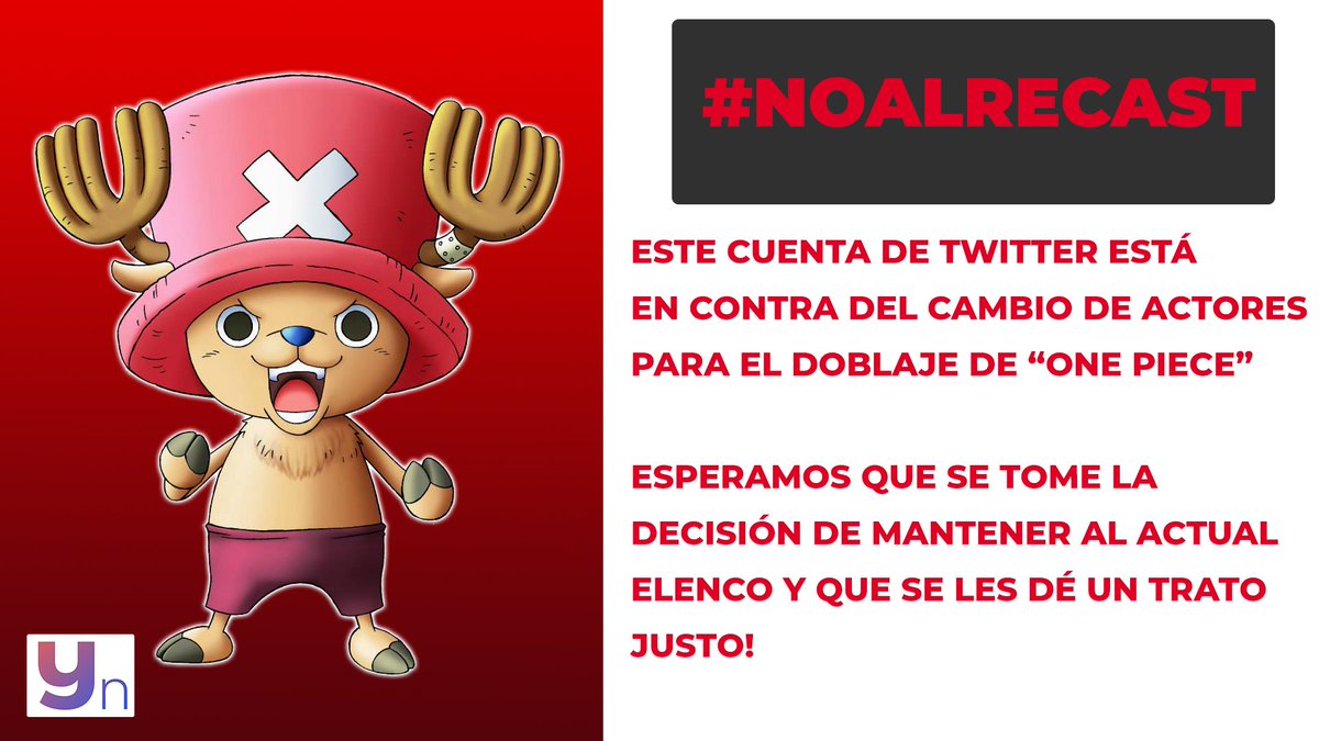 #NOALRECAST 
Respetamos al actual Elenco del Doblaje de #OnePiece   
y por ende deseamos lo mismo que el Fandom

Que dicho cast ya Establecido
se mantenga y se les de un trato justo

Etiqueten a <a href="/ToeiAnimationLA/">Toei Animation Latinoamérica</a> 
con la siguiente imagen

Si desean que el Cast se respete