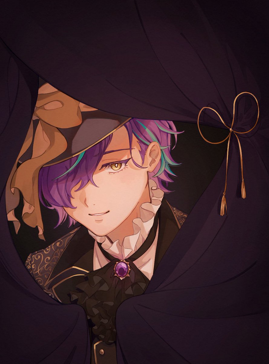 1boy male focus purple hair solo brooch hair over one eye yellow eyes  illustration images