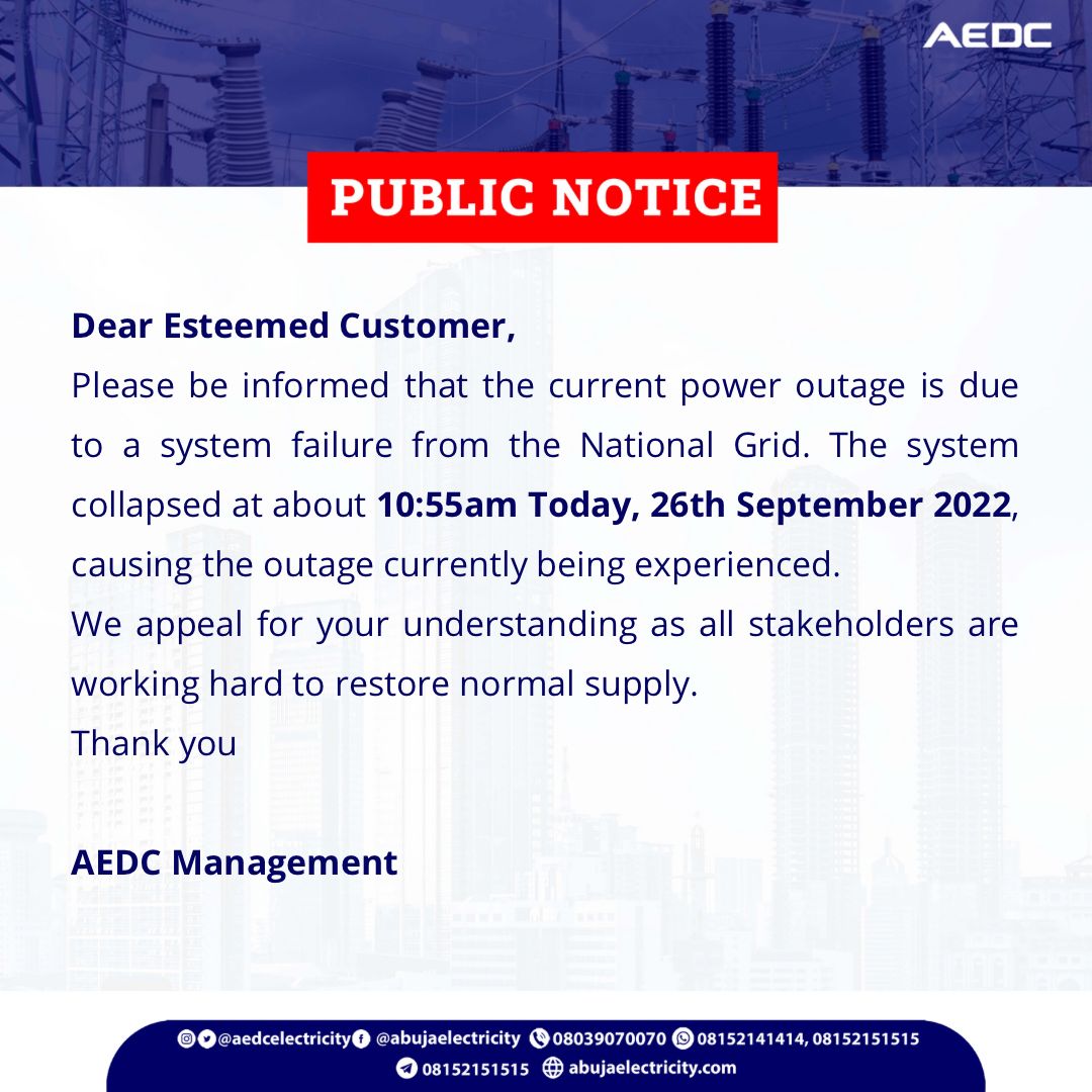 National grid collapses.

witnessngr.com/breaking-again… #NationalGrid #Grid #Nigeria

<a href="/aedcelectricity/">aedcelectricity</a> 👇🏾