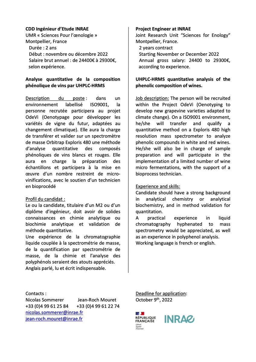 La Plateforme Polyphenols de l'UMR SPO (Sciences Pour l'Oenologie) #recrute un ingénieur d'études (CDD 2 ans) pour développer une méthode de quantification ciblée des polyphénols dans les vins blancs et rouges par spectromètrie de masse HRMS Orbitrap de dernière génération.