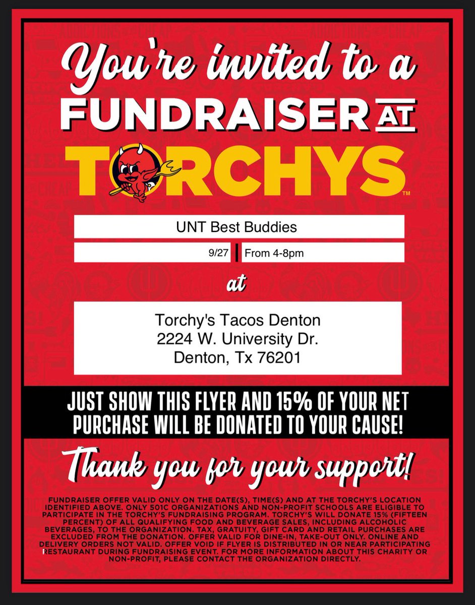UNTBestBuddies's tweet photo. join us for our fundraiser TOMORROW 9/27 at Torchys Tacos! show this flyer at check out and you will be supporting Best Buddies! cant wait to see you there!♥️💜 https://t.co/SagBpZfp0K