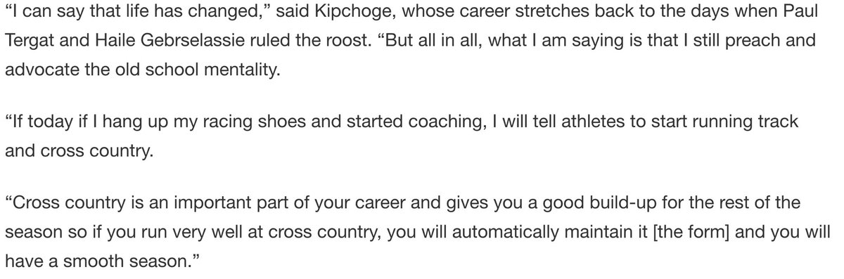 When I interviewed Kipchoge years ago, this is what he said about cross country and the importance of it.