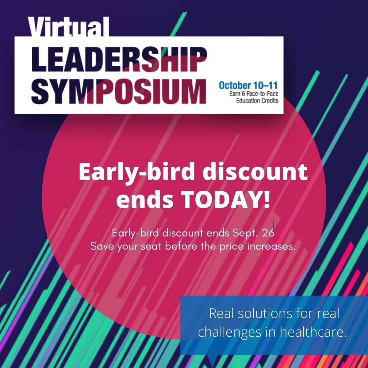 Early-bird discount for registration ends today, Sept. 26! #virtualACHE is THE event for healthcare leaders who want to serve their community but can’t travel to an in-person conference. Early-bird spots are going fast! Save your seat and register here: bit.ly/3Ll0DAs