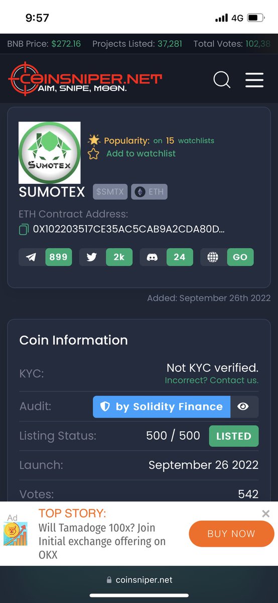 SumoTex's tweet photo. We are successfully listed on @coinsniper_net ! 

https://t.co/YnhDpNksTE

Moon soon🔥 https://t.co/sBh5Ky1xX3
