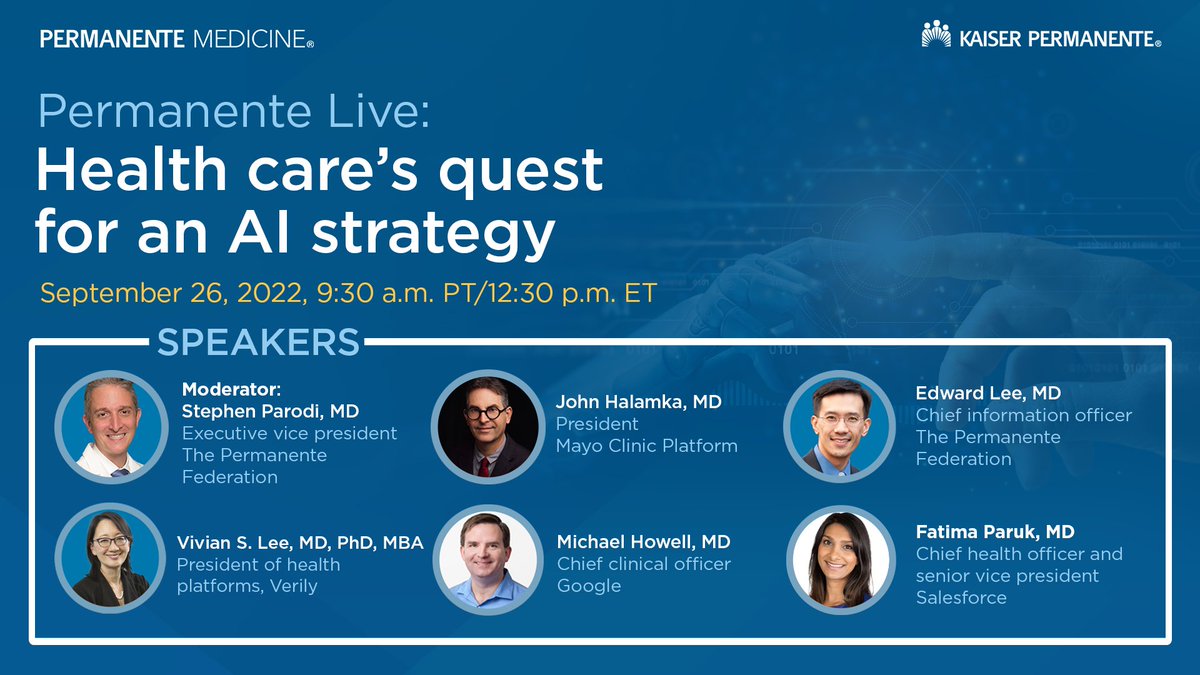 PermanenteDoctors (@permanentedocs) on Twitter photo Join us today for our #AI webinar w/physician leaders from <a href="/PermanenteDocs/">PermanenteDoctors</a> <a href="/MayoPlatform/">Mayo Clinic Platform</a> @verilylifesci <a href="/GoogleHealth/">Google Health</a> & <a href="/salesforce/">Salesforce</a> talking about AI's potential in health care. Starts at 9:30 a.m. PT. There's still time to register: ow.ly/fUgO50KStWz #PermLiveAI Join us today for our #AI webinar w/physician leaders from <a href="/PermanenteDocs/">PermanenteDoctors</a> <a href="/MayoPlatform/">Mayo Clinic Platform</a> @verilylifesci <a href="/GoogleHealth/">Google Health</a> & <a href="/salesforce/">Salesforce</a> talking about AI's potential in health care. Starts at 9:30 a.m. PT. There's still time to register: ow.ly/fUgO50KStWz #PermLiveAI