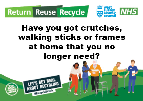 WSCCNews's tweet photo. A refurbished walking stick, frame or crutches is on average 87% lower in carbon emissions than a new one.
💚 Help reduce waste &amp; carbon emissions by returning them to your Recycling Centre by 23 October.
Find your site here 👉https://t.co/UOXwbyW38s
#WestSussexClimateAction https://t.co/QlcIzCQOAF