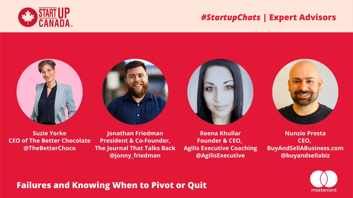 Startup_Canada's tweet photo. #StartupChats brings together entrepreneurs and experts to learn about topics that matter to Canadian founders. On Wednesday, we talk about failing, pivoting and even quitting. 

Are you registered to join us on Twitter from 12-1pm ET? 👉 https://t.co/ihMkucMQKC https://t.co/VaP7SFKqkb