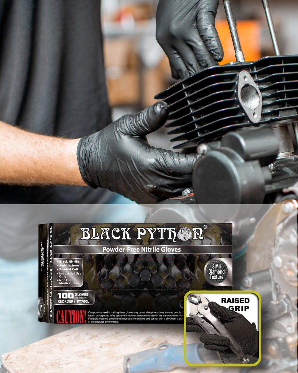 UnisafeGloves's tweet photo. Why are Black Python Nitrile Gloves the #1 choice for the automotive industry? 🤔

- Pure nitrile rubber
- Perfectly conform to your hands
- Raised diamond texture holds tight
- They’re resistant to many chemicals

https://t.co/JgrsH6XMDm

#nitrilegloves #nitrile #gloves https://t.co/G5DDoOBfyG