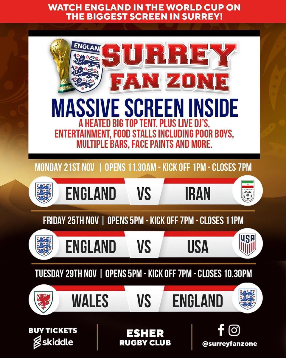 SELKXIFC's tweet image. World Cup Fan Zone @ Esher Rugby Club - @SurreyFanzone

Tickets available from @skiddle for all England World Cup games

VIP Tables and Standing spaces

Book now before they sell out!

KEEP YOUR EYES PEELED FOR A GIVEAWAY COMP SOON!

@surreyfa @LeagueRedhill @CMSFL_ @ssecleague