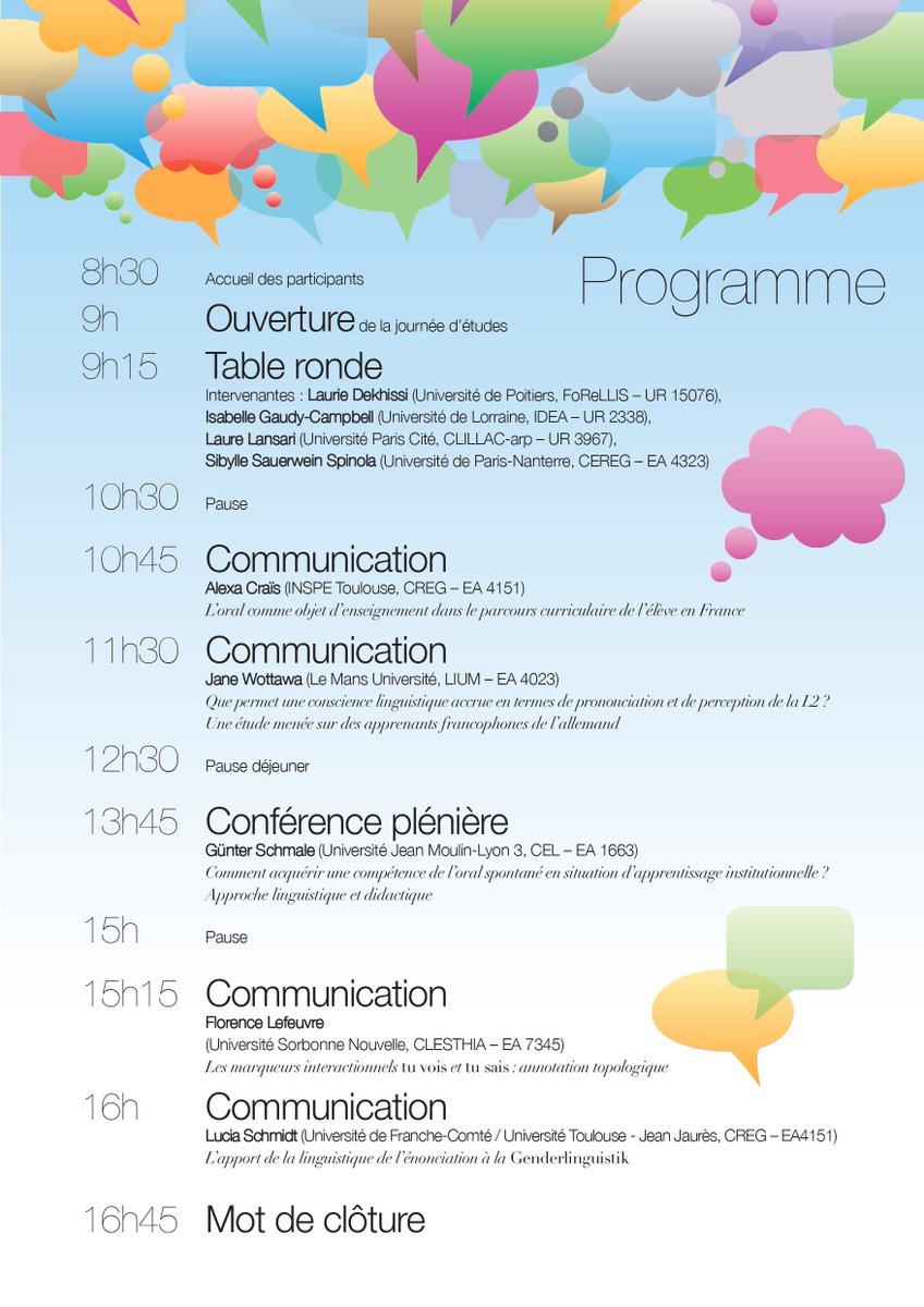 🎉 Nous avons le plaisir de vous partager le programme de la journée d'étude "Linguistique et didactique de l'oral spontané en France" co-organisée avec le <a href="/FoReLLIS_15076/">FoReLLIS</a> de <a href="/UnivPoitiers/">Université de Poitiers</a>
📅 7 octobre 2022
⏰ à partir de 8h30
📍 Salle D30, Maison de la recherche <a href="/UTJeanJaures/">UT Jean Jaurès</a>