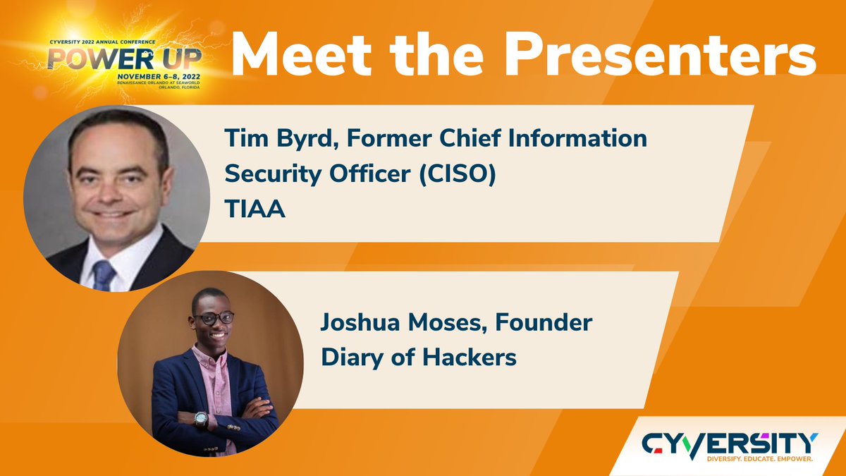 OneCyversity's tweet photo. Meet the Presenters! Check out the Conference agenda to learn about the presenters and their sessions and get excited for the Power Up Conference! Learn more and register: https://t.co/k2t7wQrIlZ #PowerUp22 #Cyversity #Cybersecurity #Security https://t.co/P0uGSZUSF4