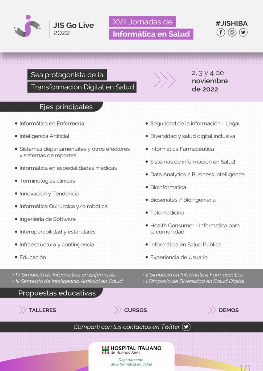 informaticaHIBA's tweet photo. 🚨 Falta poco para que comiencen las JIS Go Live 2022. Compartimos los ejes principales del evento que se desarrollará el 2, 3 (virtual) y 4 de noviembre (presencial en el Palacio San Miguel).

🙌🏼 Inscribite ahora: https://t.co/5E2XiGF2dZ

#JISHIBA https://t.co/jgAmlcIAAx
