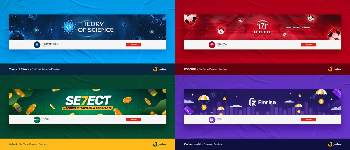 A collection of some recent YouTube revamp work.

All support &amp; feedback is greatly appreciated.

In need of one like this? Shoot me a DM! Let's work.
View my work: be.net/jakizo