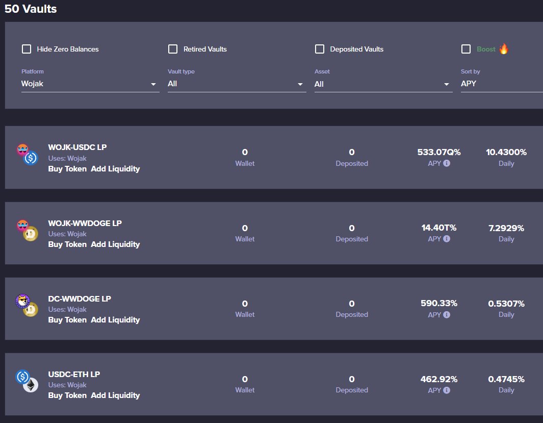 DogeCompounder's tweet image. Huge APYs are still available for @wojakfi autocompounding vaults, the new DEX on DogeChain !
Up to 150% APY on stablecoins, directly paid in stablecoins ! (USDC/USDT)  

Join the party at dogecompounder.dog and put your asset to work at the best rates