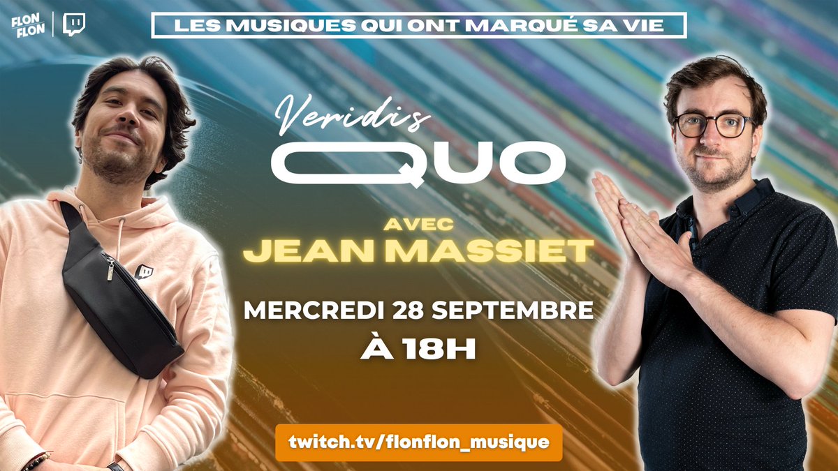 benjaminvalbon's tweet photo. 📣 Mercredi soir à 18h dans "Veridis Quo" je reçois @JeanMassiet, streamer politique et gaming, qui nous parlera des morceaux qui ont marqué sa vie ! 

N'hésitez pas à follow la chaîne et à venir poser vos questions dans le chat 🤗

➡️ https://t.co/ZrUpKCmJlq https://t.co/mQct32svsW