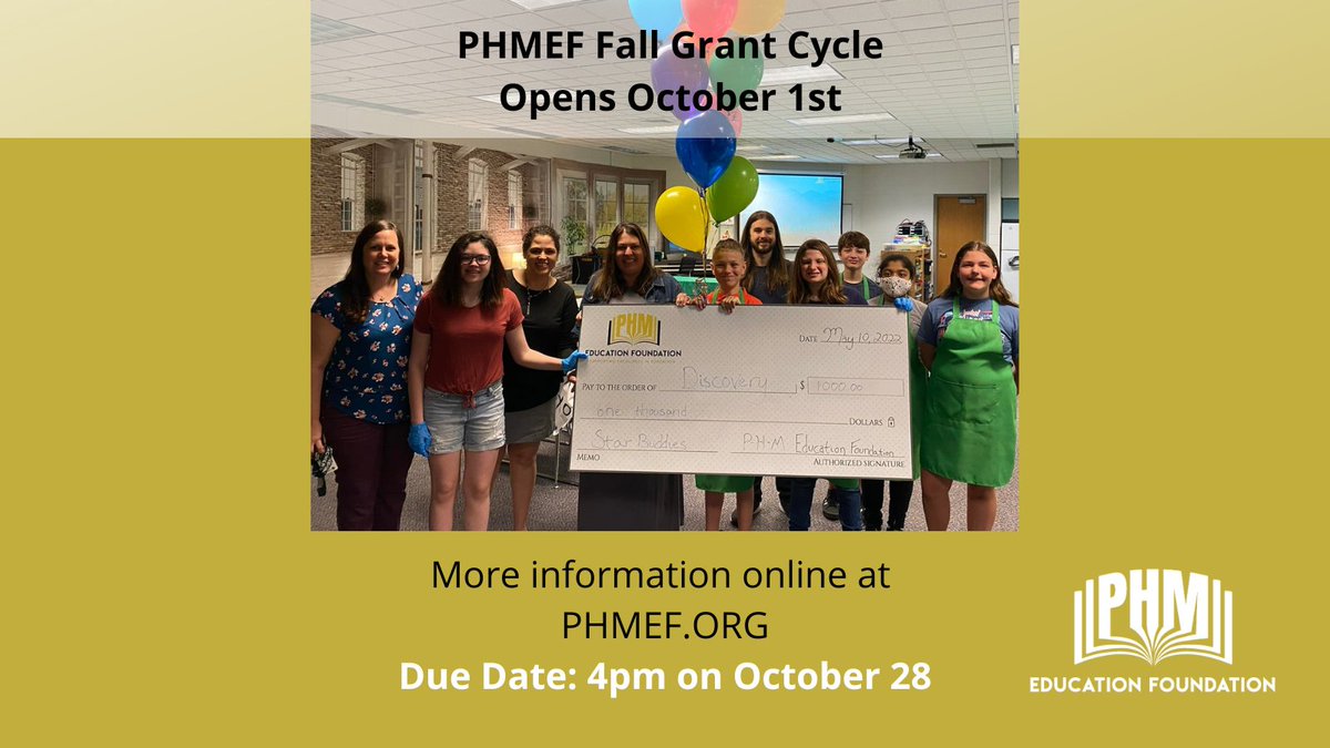 PHM Ed Foundation (@phmedfoundation) on Twitter photo Attention <a href="/PHMschools/">Penn Harris Madison</a> teachers and staff! 📣
Our Fall Grant Cycle opens on October 1! ⌛📝📚 Head over to phmef.org to learn more and how to apply! #phmexcellence Attention <a href="/PHMschools/">Penn Harris Madison</a> teachers and staff! 📣
Our Fall Grant Cycle opens on October 1! ⌛📝📚 Head over to phmef.org to learn more and how to apply! #phmexcellence