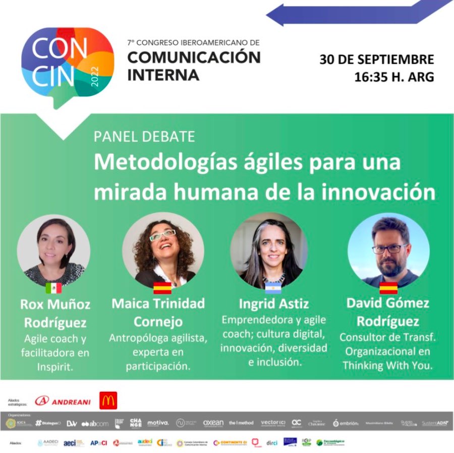 📣 Nuestro compañero <a href="/soydavidgr/">David Gómez💡</a> estará el viernes en el panel de #debate sobre “Metodologías Ágiles para una mirada humana de la innovación” con <a href="/IngridAstiz/">Ingrid Astiz Jensen</a>, <a href="/RoxMunoz_/">Rox</a> y <a href="/MaicaTrinidad/">Maica Trinidad</a> durante el @CONCIN2022 (Congreso #iberoamericano de #ComunicacionInterna). ¿Nos vemos allí?