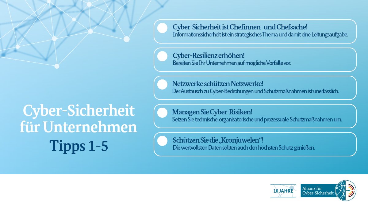 Oft helfen schon einfach umsetzbare Maßnahmen, die #Cyber-Sicherheit im eigenen Unternehmen zu erhöhen. Mit unseren 10 Tipps zeigen wir einen Ansatz, um einen umfassenden Schutz aufzubauen: allianz-fuer-cybersicherheit.de/dok/522472
Tipps 1-5 👇
#DeutschlandDigitalSicherBSI