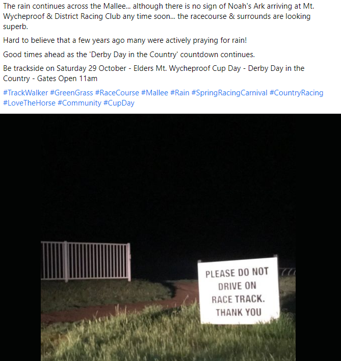 MtWycheCup's tweet photo. Further to @JaneBunn Melb. updates... live from The Mallee "Please do not drive on the race track. Thank you"
#Rain #Mallee #Wycheproof #MtWycheproof #Weather #Forecast #TrackWalker https://t.co/e0mDPJHcIQ