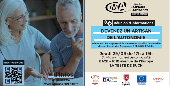 J-4 avant la réunion d'info "Devenez 1 artisan de l'#autonomie qui se déroulera à la Test de Buch. Cette réunion est organisée par <a href="/Artisanat33/">CMA NA Gironde</a> <a href="/cnisam/">CNISAM</a> #Ba2e12 Ne manquez pas ce rendez-vous - Gratuit et ouvert à tous - #gironde #artisanat #autonomie #SilverEco #seniors