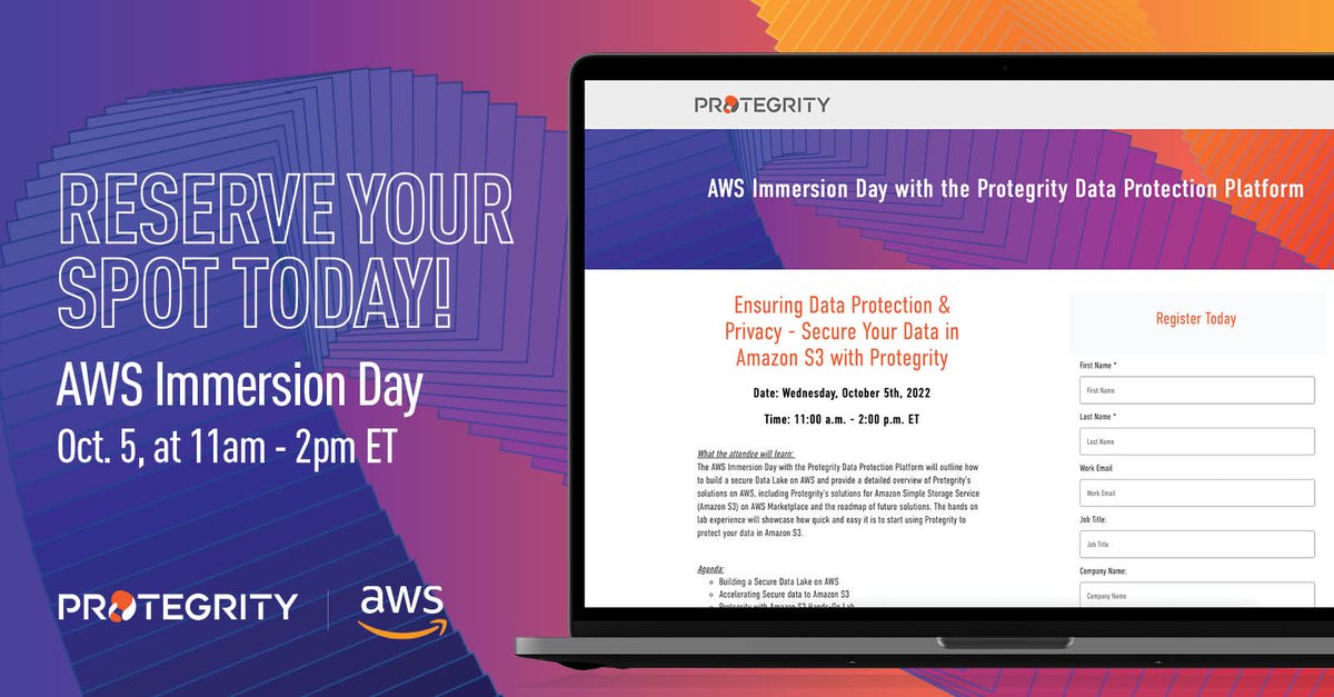 cybercianfry's tweet photo. 🗣 Register today! Together with @AWS_Partners, we are hosting a joint #AWS Immersion Day with the #Protegrity Data Protection Platform. Join the hands-on lab experience which will showcase how quick and easy it is to protect your data in Amazon S3. https://t.co/K3l0mxR7Mo https://t.co/xENW4StQaM